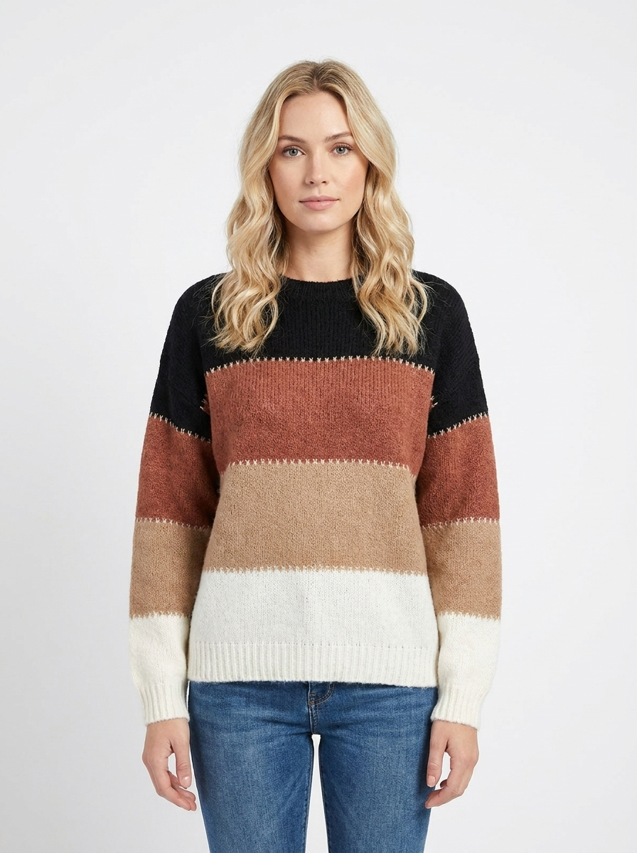 Women's Color-Block Sweater Crew Neck Long Sleeve Knit Pullover