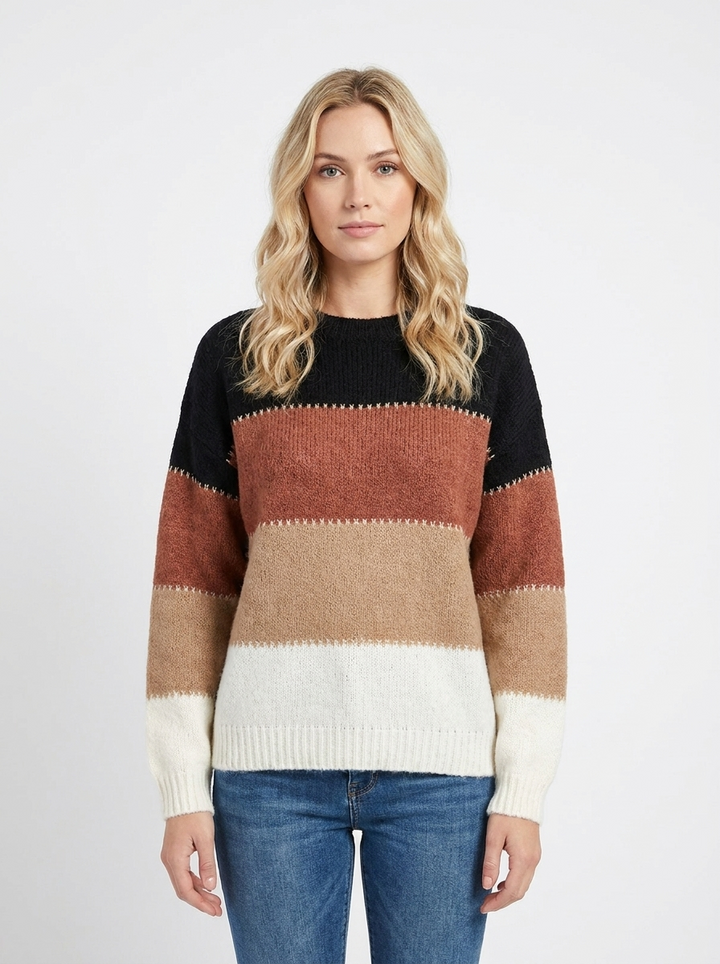 Women's Color-Block Sweater Crew Neck Long Sleeve Knit Pullover