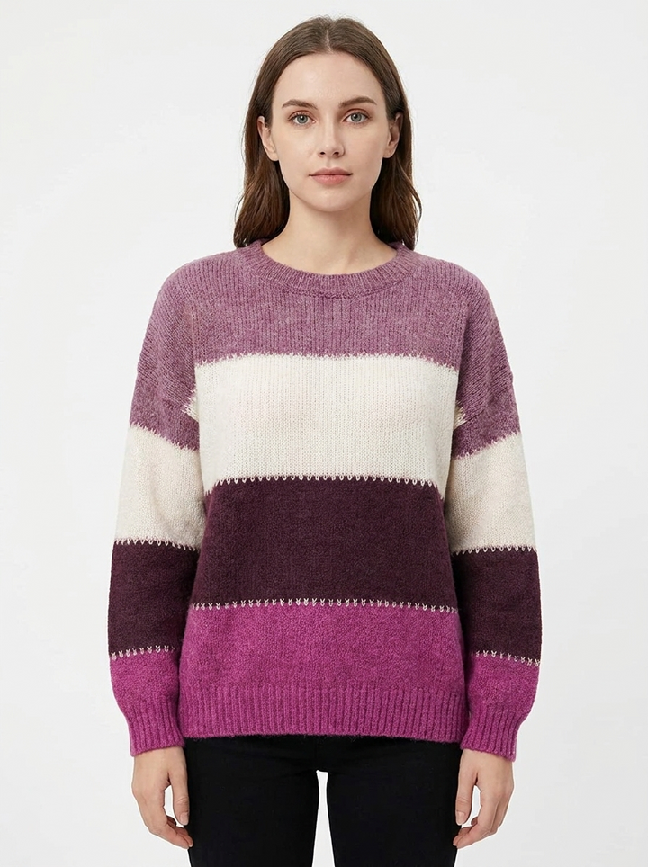 Women's Color-Block Sweater Crew Neck Long Sleeve Knit Pullover