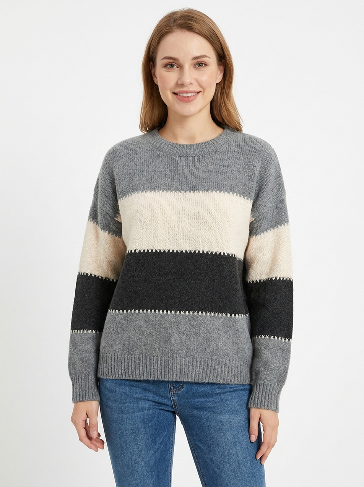 Women's Color-Block Sweater Crew Neck Long Sleeve Knit Pullover