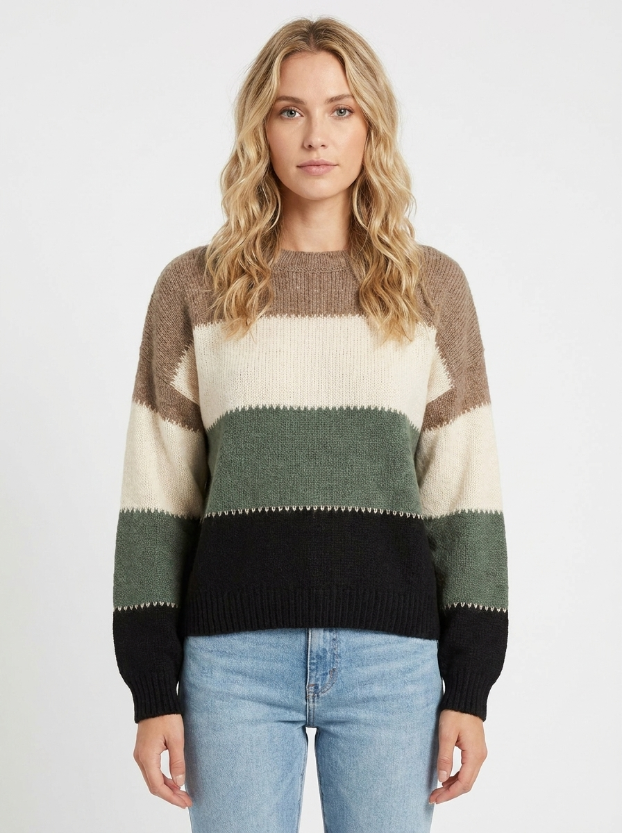 Women's Color-Block Sweater Crew Neck Long Sleeve Knit Pullover