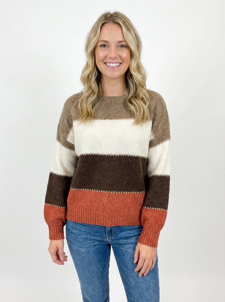 Women's Color-Block Sweater Crew Neck Long Sleeve Knit Pullover