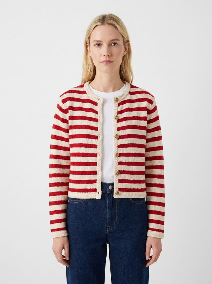 Women's Striped Cardigan Button-Front Crew Neck Knit Sweater