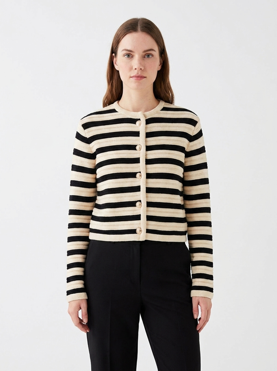Women's Striped Cardigan Button-Front Crew Neck Knit Sweater
