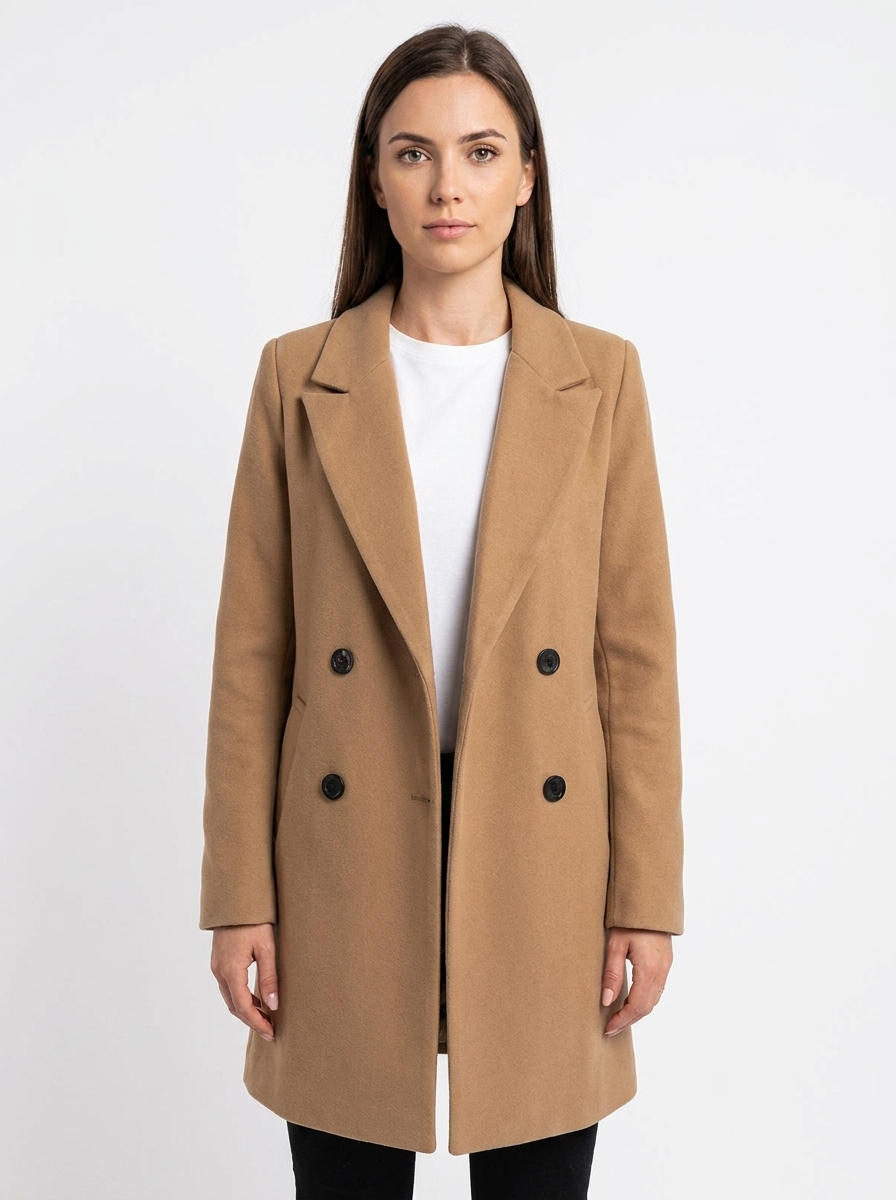 Women's Wool Blend Coat Notched Lapel Double-Breasted Long Sleeve