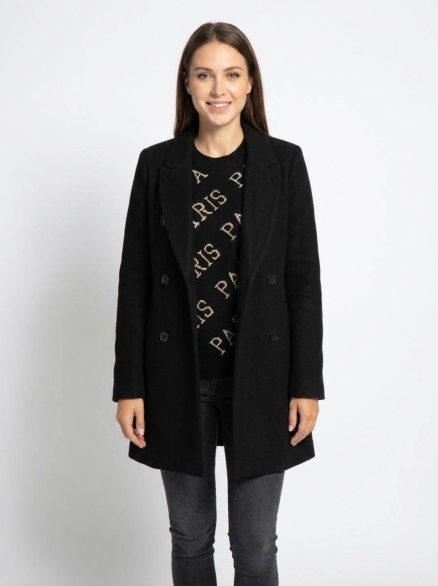 Women's Wool Blend Coat Notched Lapel Double-Breasted Long Sleeve