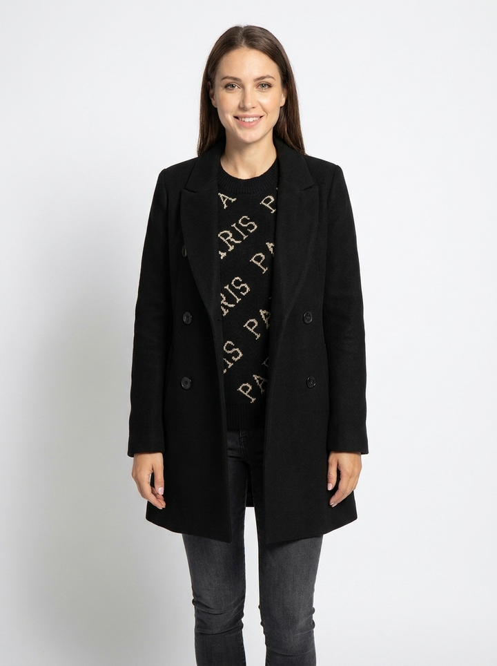 Women's Wool Blend Coat Notched Lapel Double-Breasted Long Sleeve