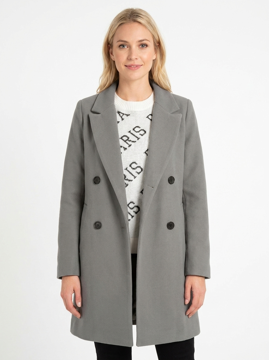Women's Wool Blend Coat Notched Lapel Double-Breasted Long Sleeve