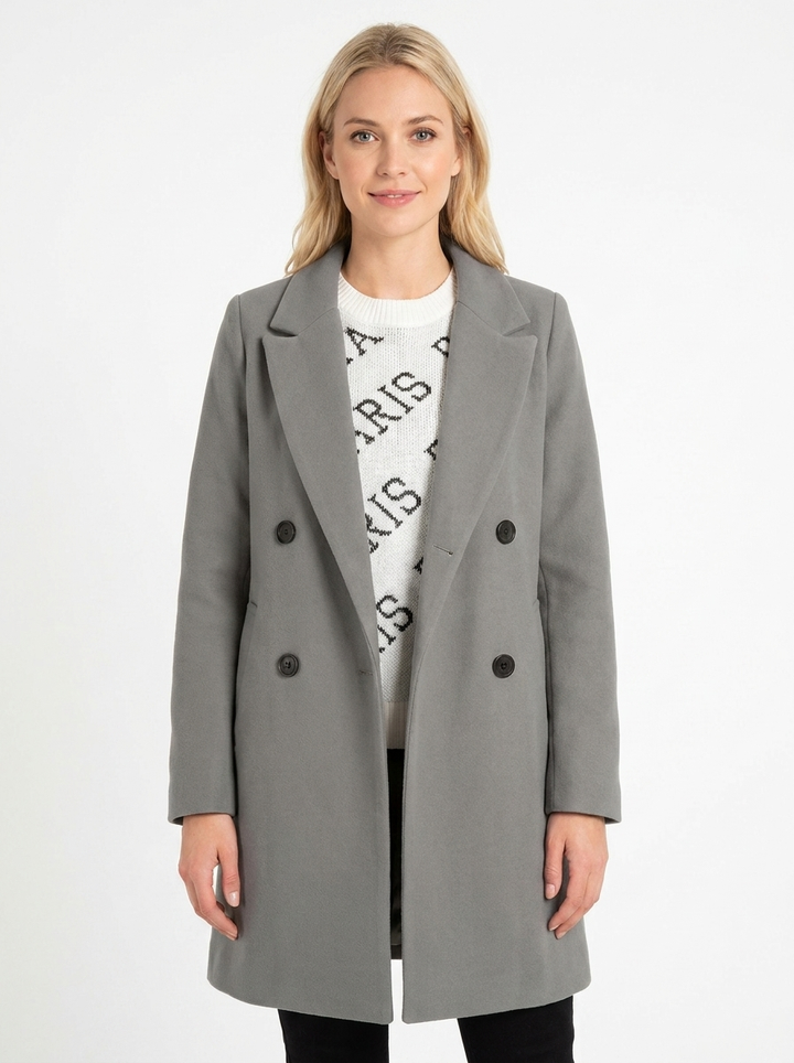 Women's Wool Blend Coat Notched Lapel Double-Breasted Long Sleeve