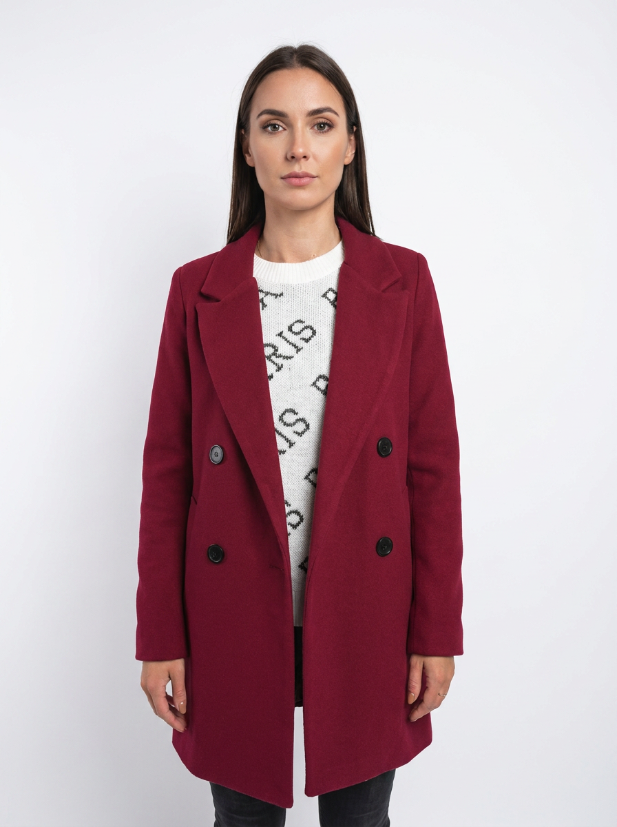 Women's Wool Blend Coat Notched Lapel Double-Breasted Long Sleeve