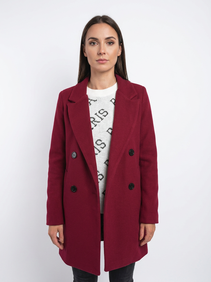 Women's Wool Blend Coat Notched Lapel Double-Breasted Long Sleeve