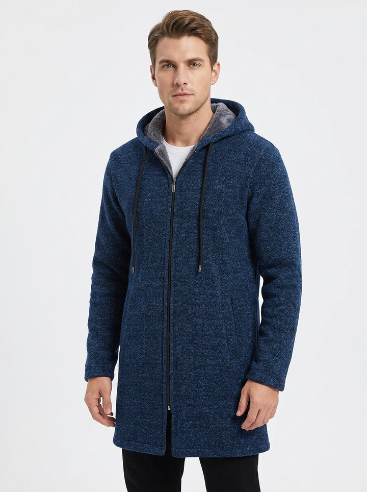 Men's Long Hooded Cardigan Fleece-Lined Zip-Up Knit Coat