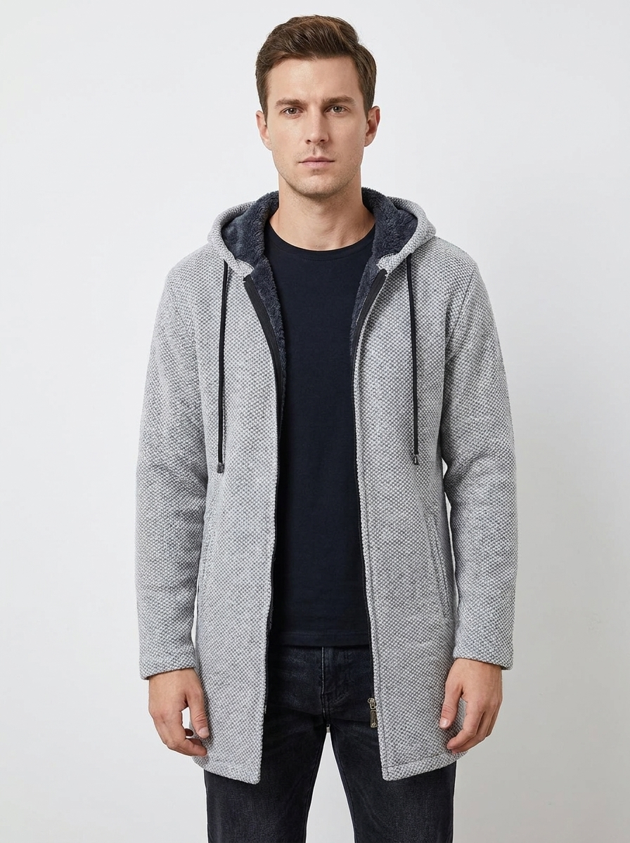 Men's Long Hooded Cardigan Fleece-Lined Zip-Up Knit Coat