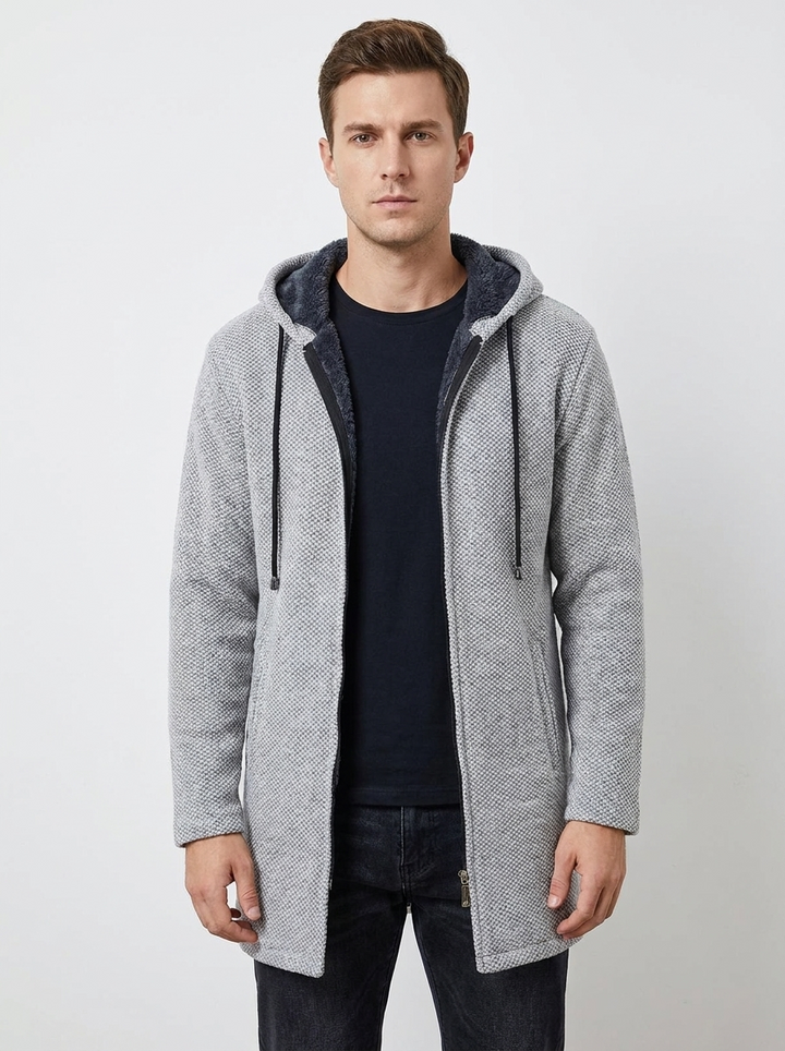 Men's Long Hooded Cardigan Fleece-Lined Zip-Up Knit Coat