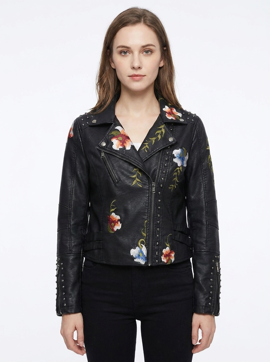Women's Faux Leather Moto Jacket Floral Embroidered Studded