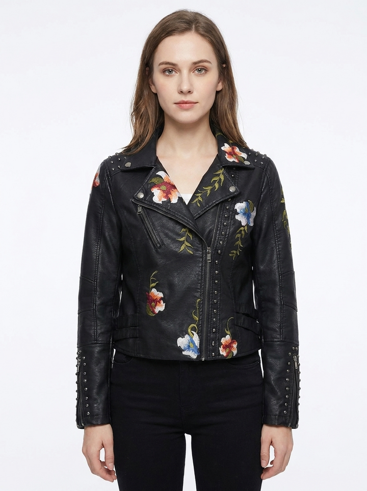 Women's Faux Leather Moto Jacket Floral Embroidered Studded