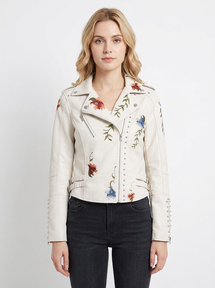 Women's Faux Leather Moto Jacket Floral Embroidered Studded