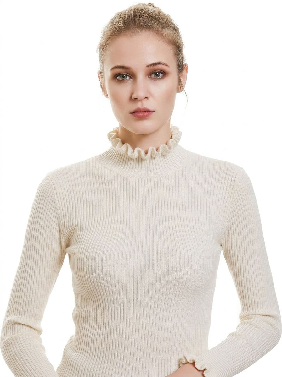 Women's Ribbed Knit Sweater Ruffle Collar Long Sleeve Pullover
