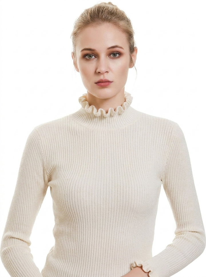 Women's Ribbed Knit Sweater Ruffle Collar Long Sleeve Pullover