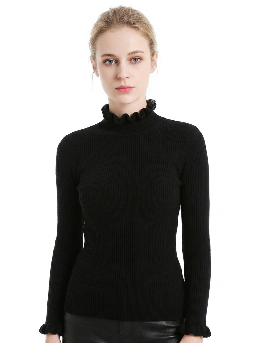Women's Ribbed Knit Sweater Ruffle Collar Long Sleeve Pullover