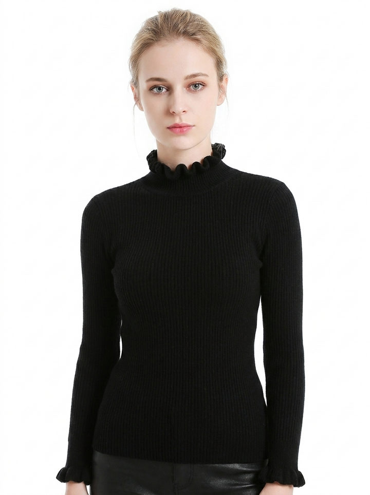 Women's Ribbed Knit Sweater Ruffle Collar Long Sleeve Pullover