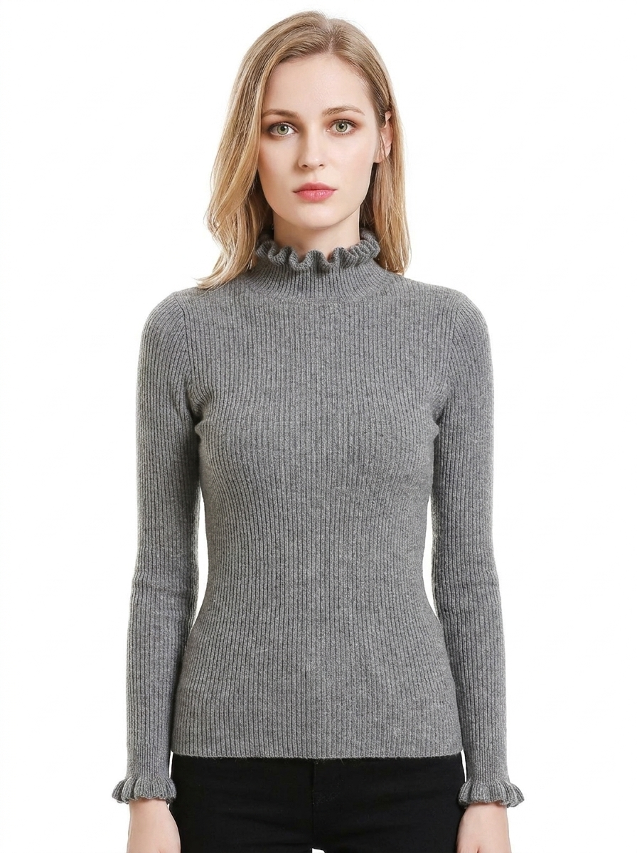 Women's Ribbed Knit Sweater Ruffle Collar Long Sleeve Pullover
