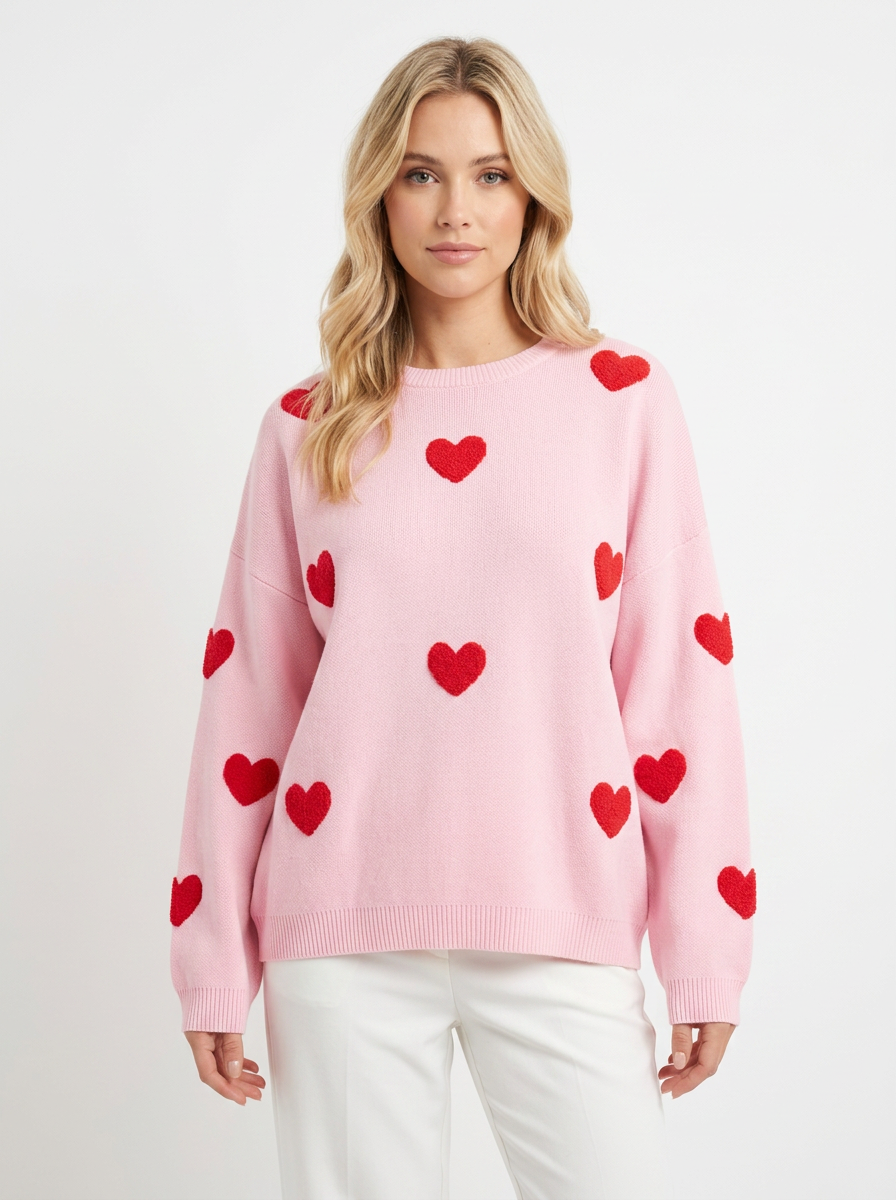 Women's Heart Print Sweater Oversized Crew Neck Knit Pullover