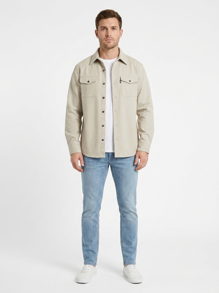 Men's Long Sleeve Button-Up Shirt Dual Chest Pocket Casual