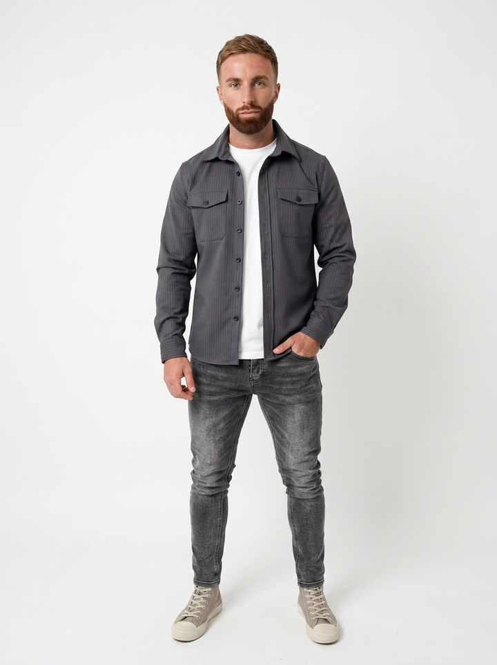 Men's Long Sleeve Button-Up Shirt Dual Chest Pocket Casual