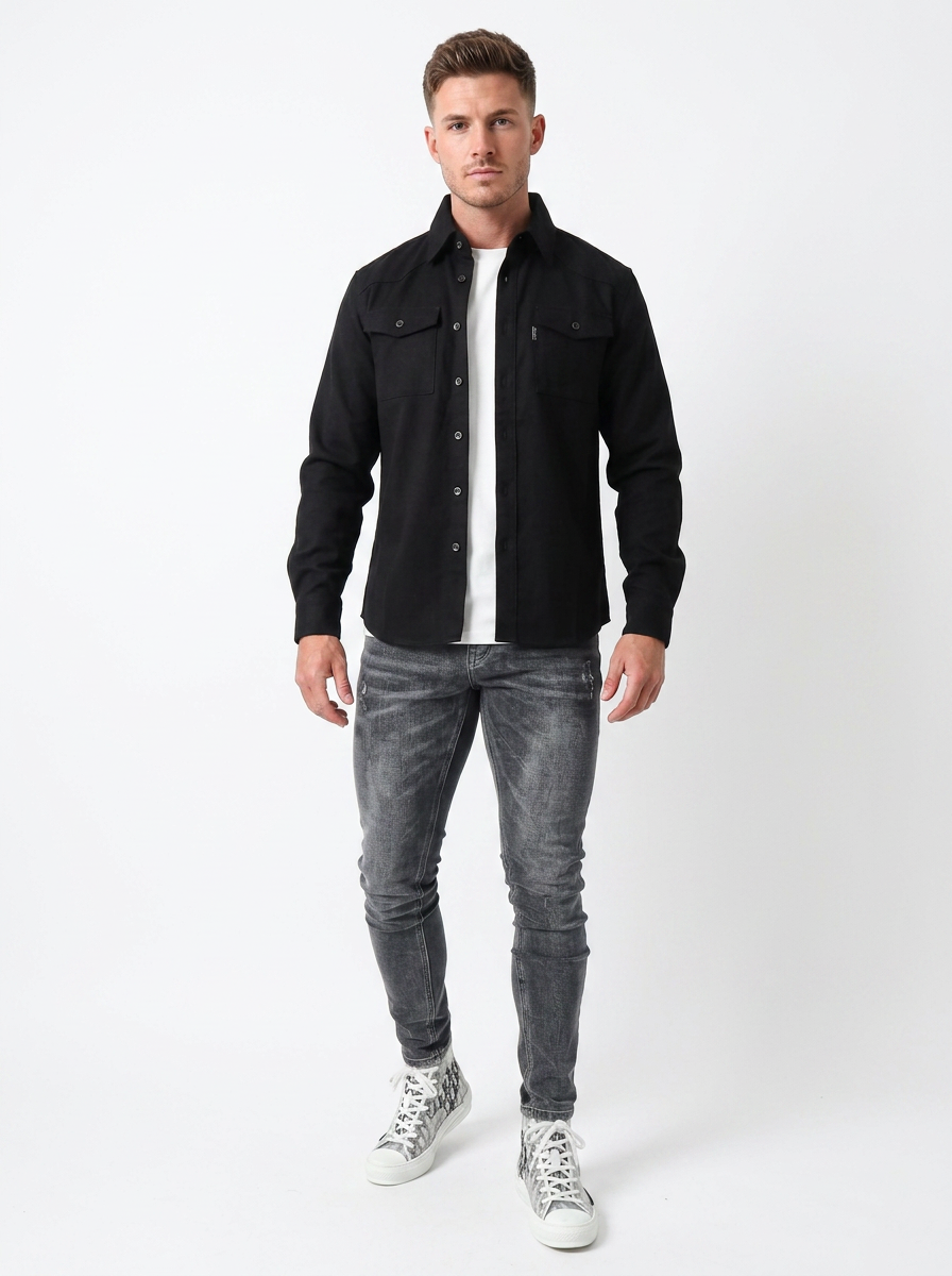 Men's Long Sleeve Button-Up Shirt Dual Chest Pocket Casual
