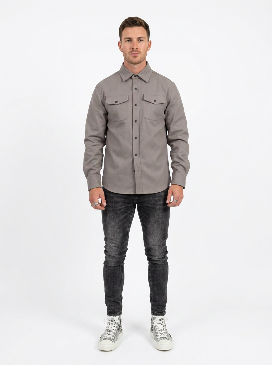 Men's Long Sleeve Button-Up Shirt Dual Chest Pocket Casual