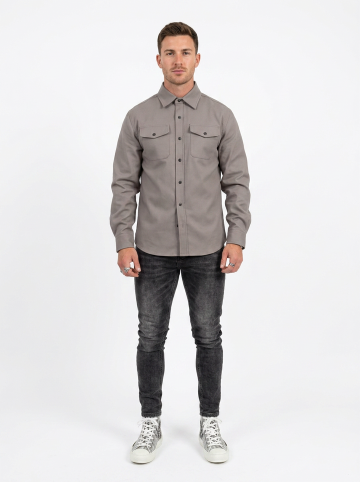 Men's Long Sleeve Button-Up Shirt Dual Chest Pocket Casual