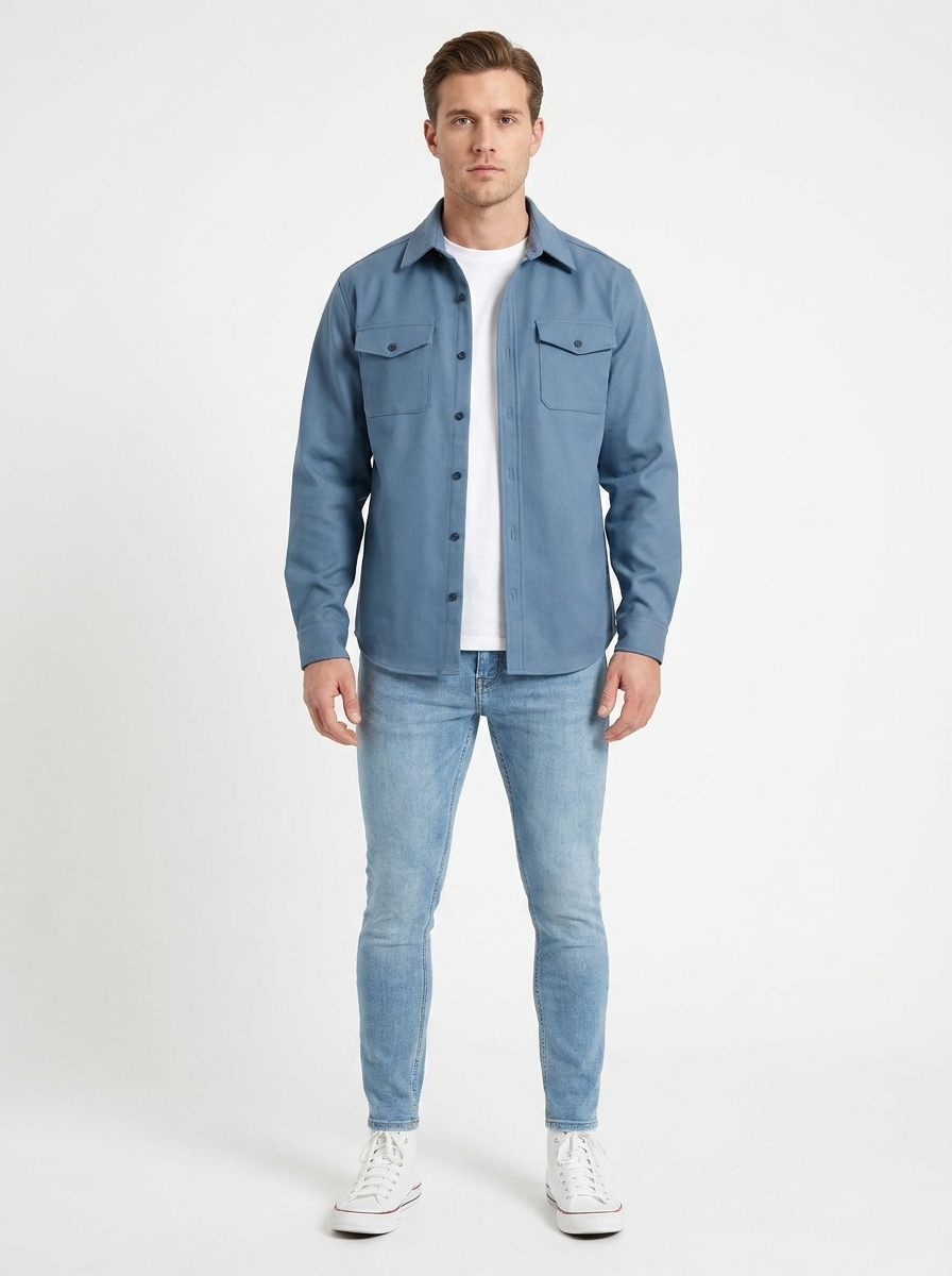 Men's Long Sleeve Button-Up Shirt Dual Chest Pocket Casual