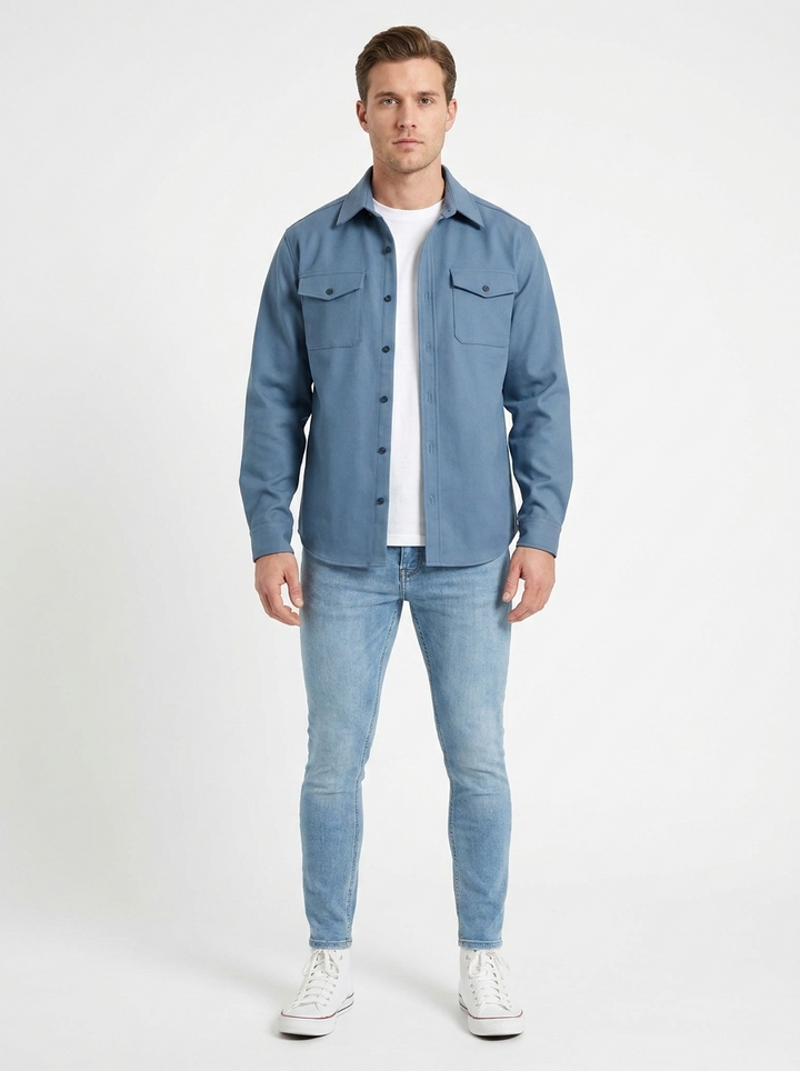Men's Long Sleeve Button-Up Shirt Dual Chest Pocket Casual