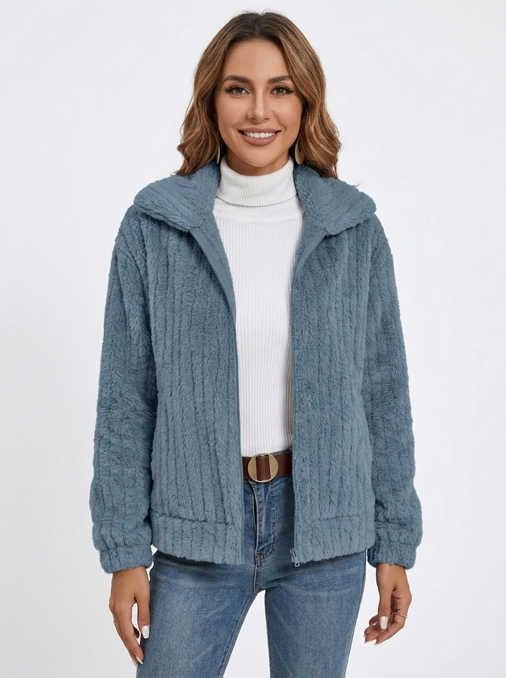 Women's Fleece Jacket Textured Collared Zip-Up Oversized Coat