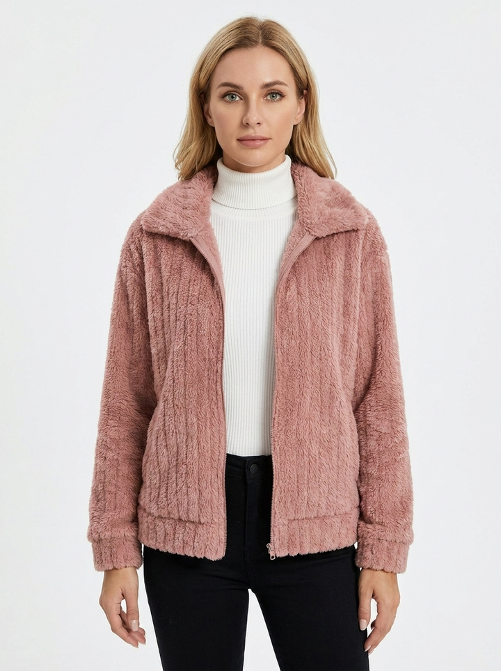 Women's Fleece Jacket Textured Collared Zip-Up Oversized Coat