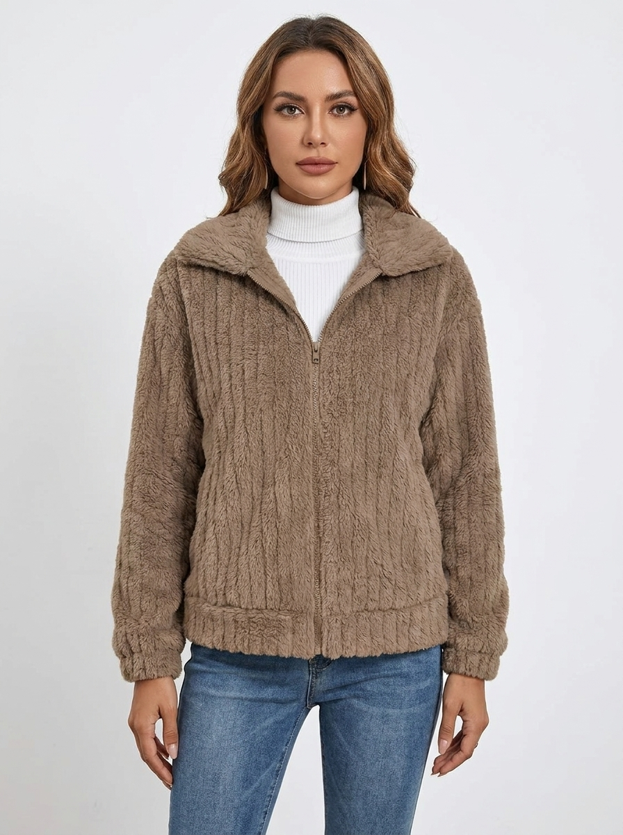 Women's Fleece Jacket Textured Collared Zip-Up Oversized Coat
