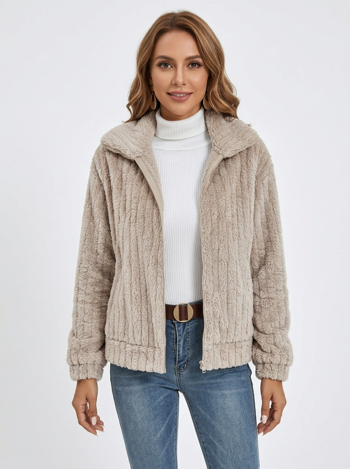 Women's Fleece Jacket Textured Collared Zip-Up Oversized Coat