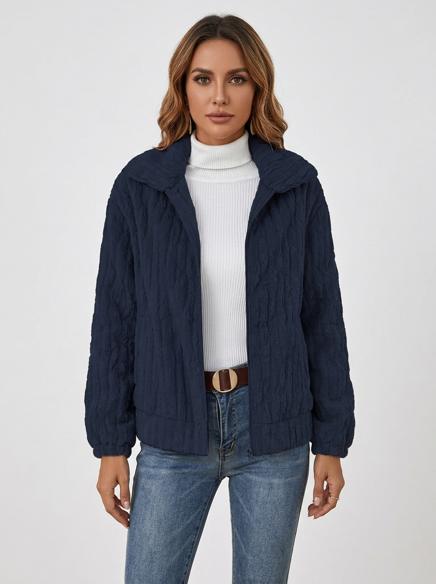 Women's Fleece Jacket Textured Collared Zip-Up Oversized Coat