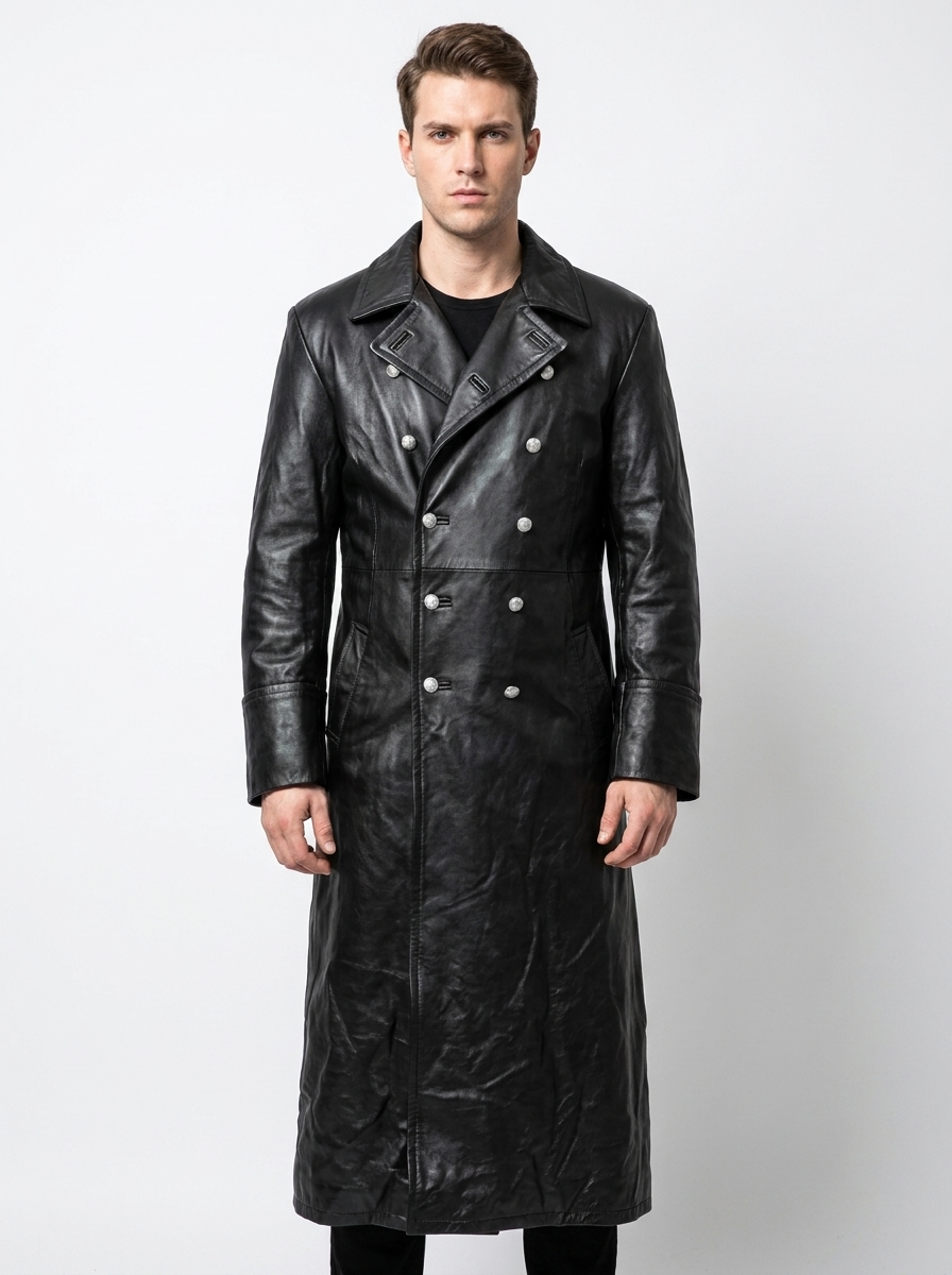 Men's Faux Leather Trench Coat Double-Breasted Full-Length Overcoat