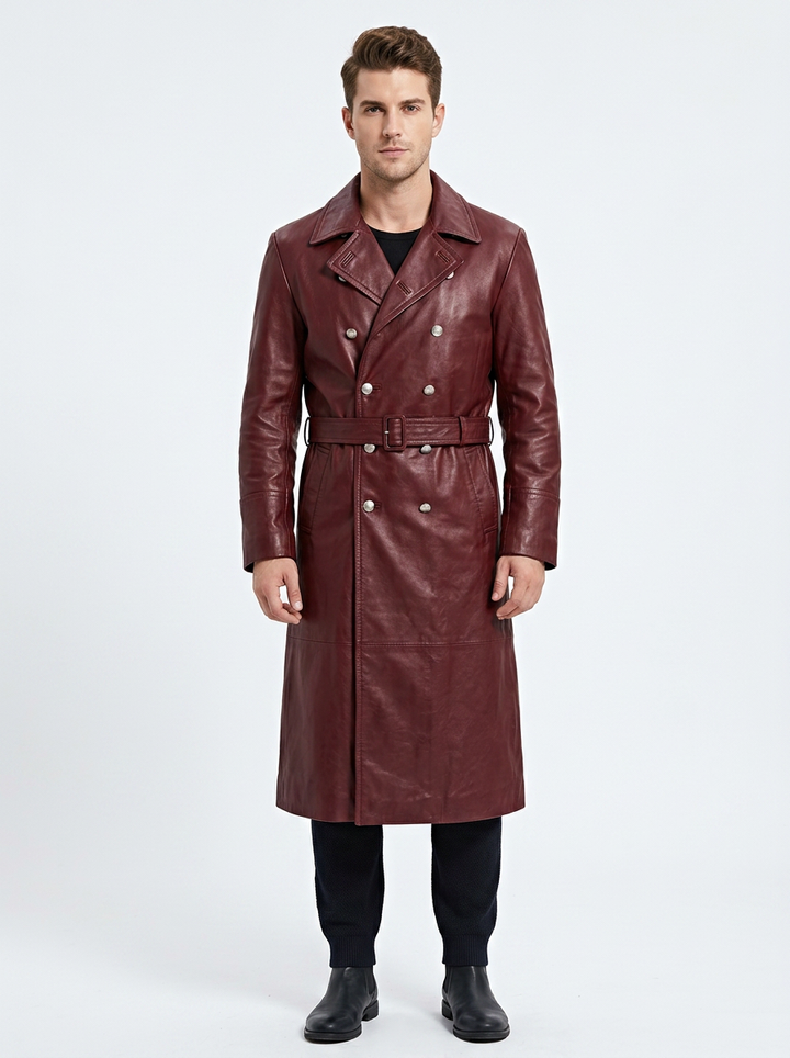Men's Faux Leather Trench Coat Double-Breasted Full-Length Overcoat