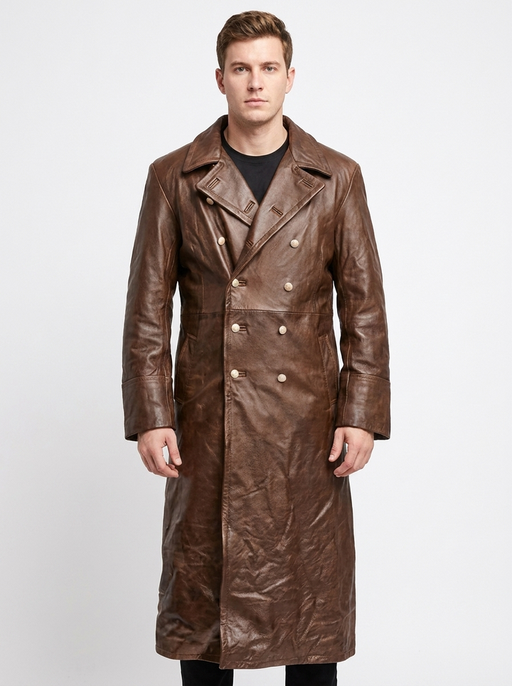 Men's Faux Leather Trench Coat Double-Breasted Full-Length Overcoat