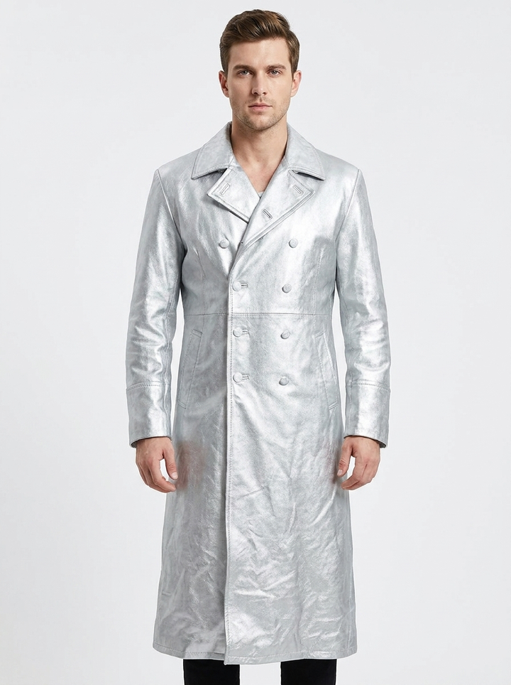 Men's Faux Leather Trench Coat Double-Breasted Full-Length Overcoat