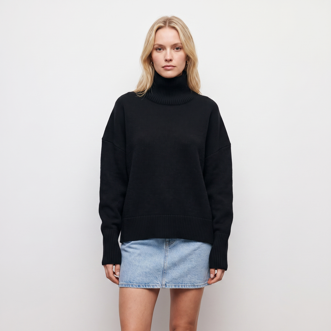 Women's Turtleneck Sweater Short Sleeve Oversized Knit Pullover