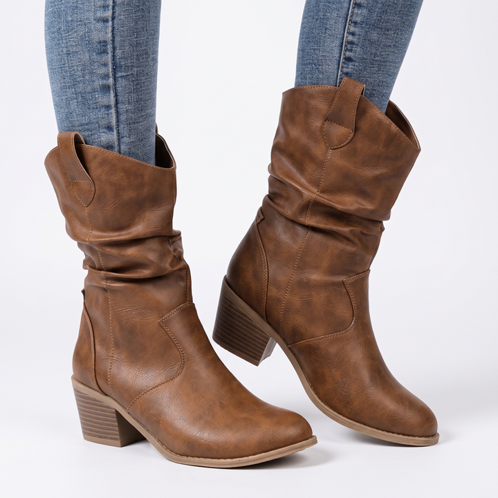 Women's Slouchy Western Boots Faux Leather Block Heel Mid Calf