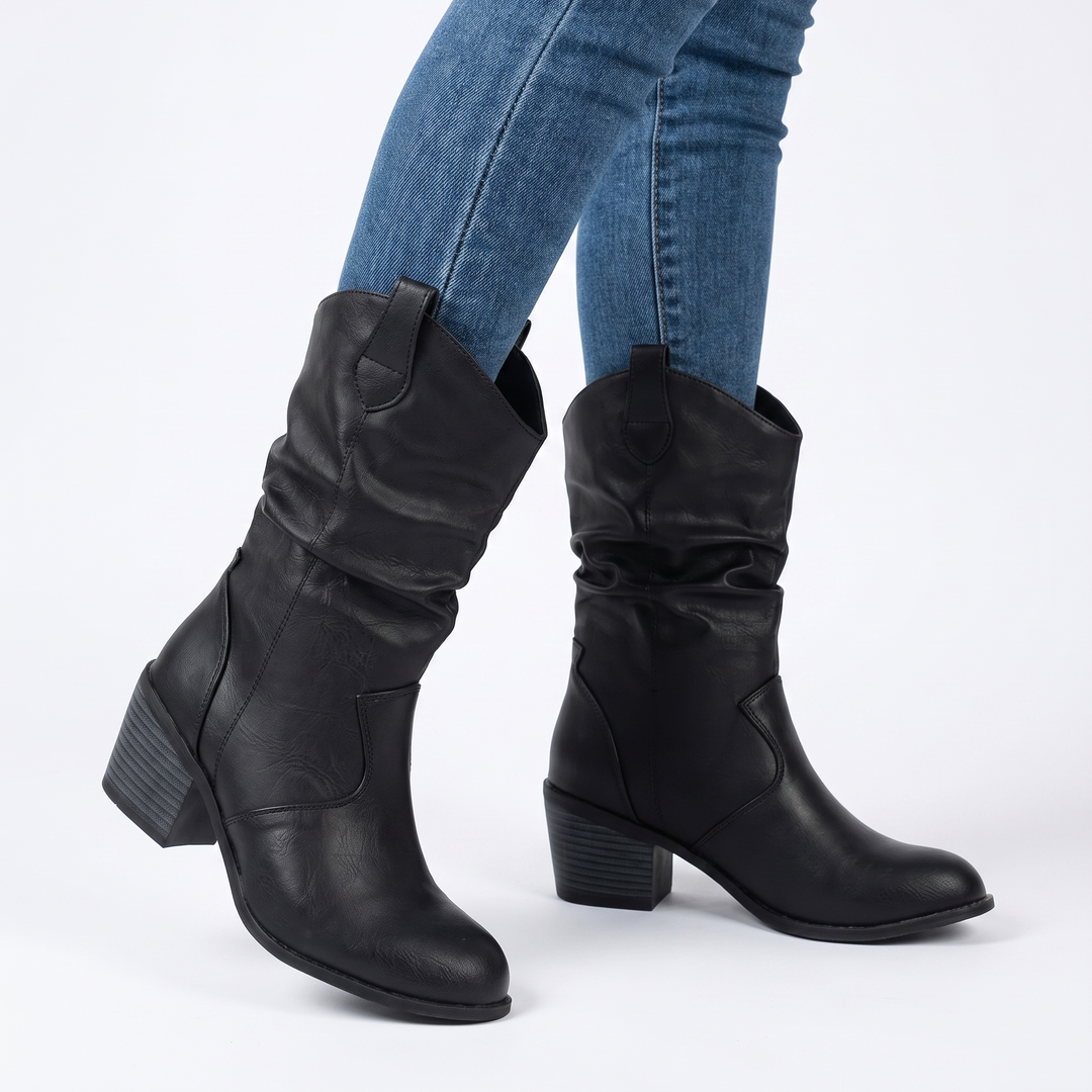 Women's Slouchy Western Boots Faux Leather Block Heel Mid Calf