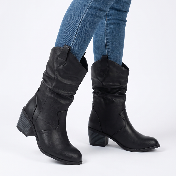Women's Slouchy Western Boots Faux Leather Block Heel Mid Calf