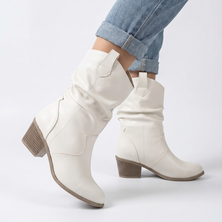 Women's Slouchy Western Boots Faux Leather Block Heel Mid Calf