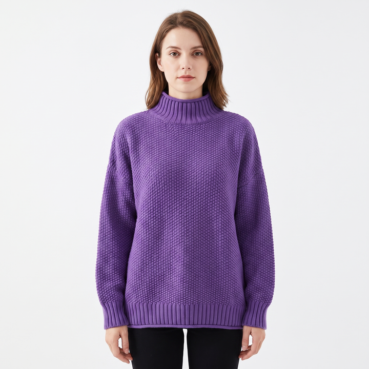 Women's Textured Knit Sweater Oversized Mock Neck Pullover