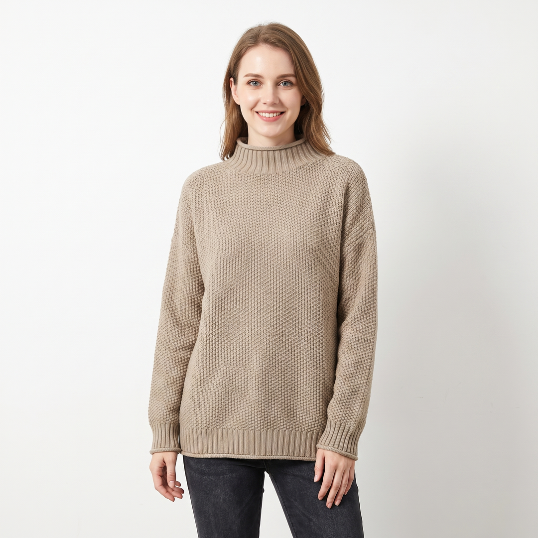 Women's Textured Knit Sweater Oversized Mock Neck Pullover